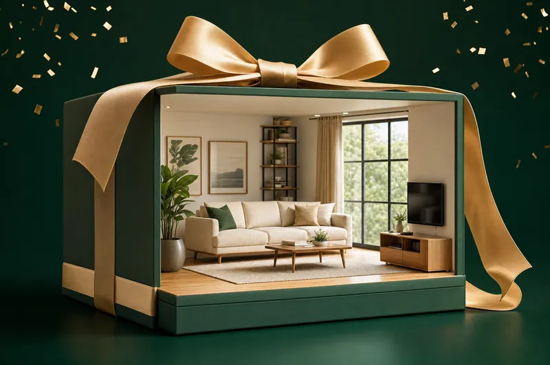 A miniature clean living room wrapped with a gold gift ribbon.