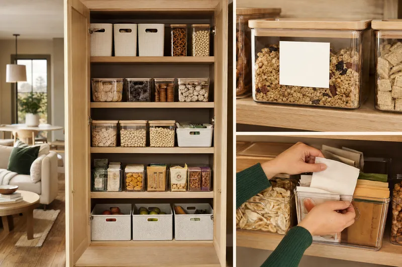 Pantry organization concept showing coordinated containers, shelves and hands arranging storage.