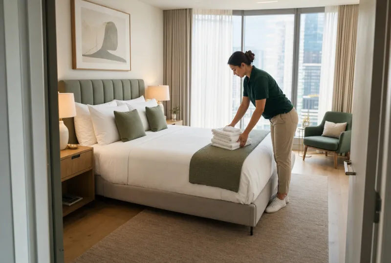 A cleaner placing fresh towels beside a made bed in a guest apartment.